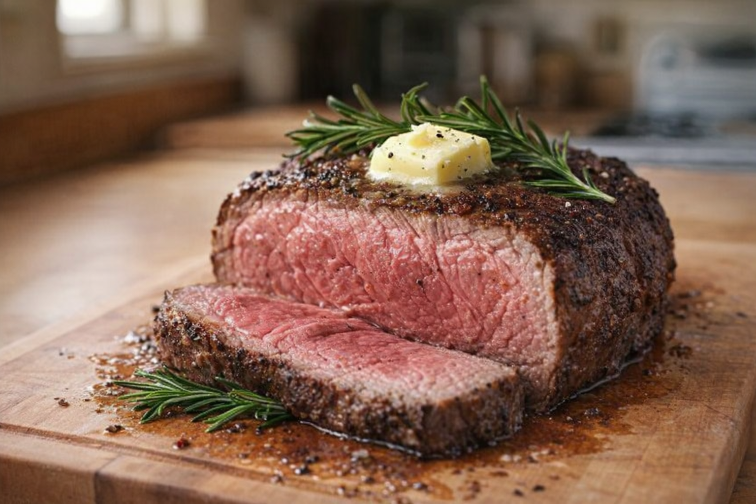 A perfectly cooked, medium-rare steak on a cutting board, with visible cross-section showing tender, juicy meat. Garnished with rosemary and a pat of butter. Warm, natural lighting.